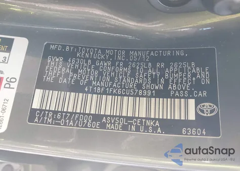 2012 Toyota Camry Le z USA, uszkodzony, nr VIN 4T1BF1FK6CU578991